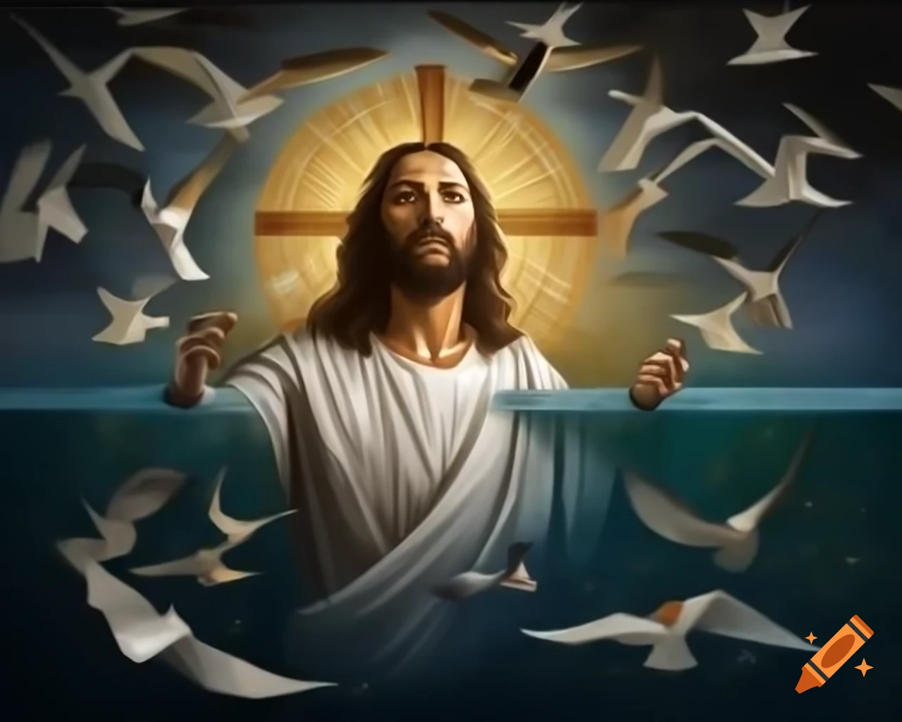 Mosaic painting of Jesus with birds and water by Svetoslav Roerich, figurative style