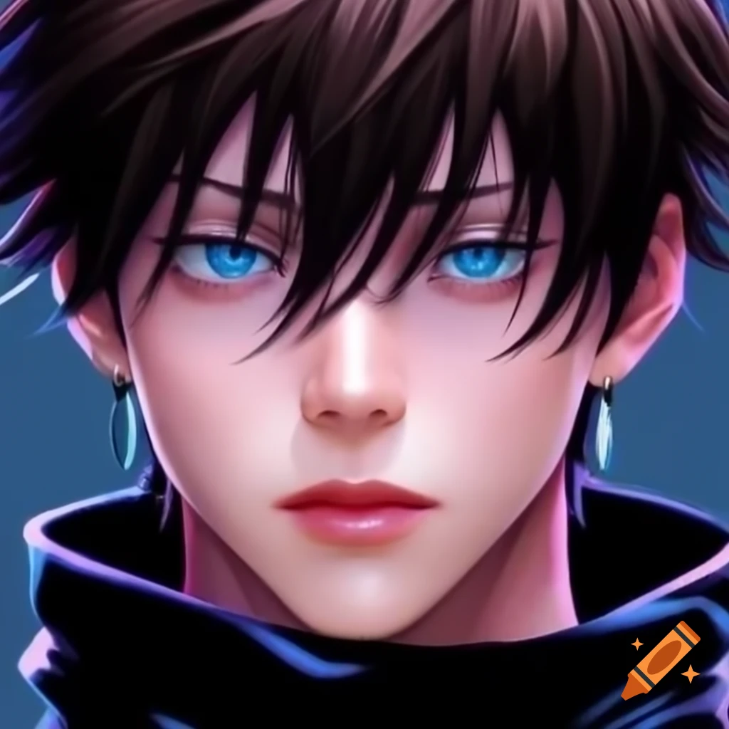 Character Gojo with brown hair and bright sky blue eyes