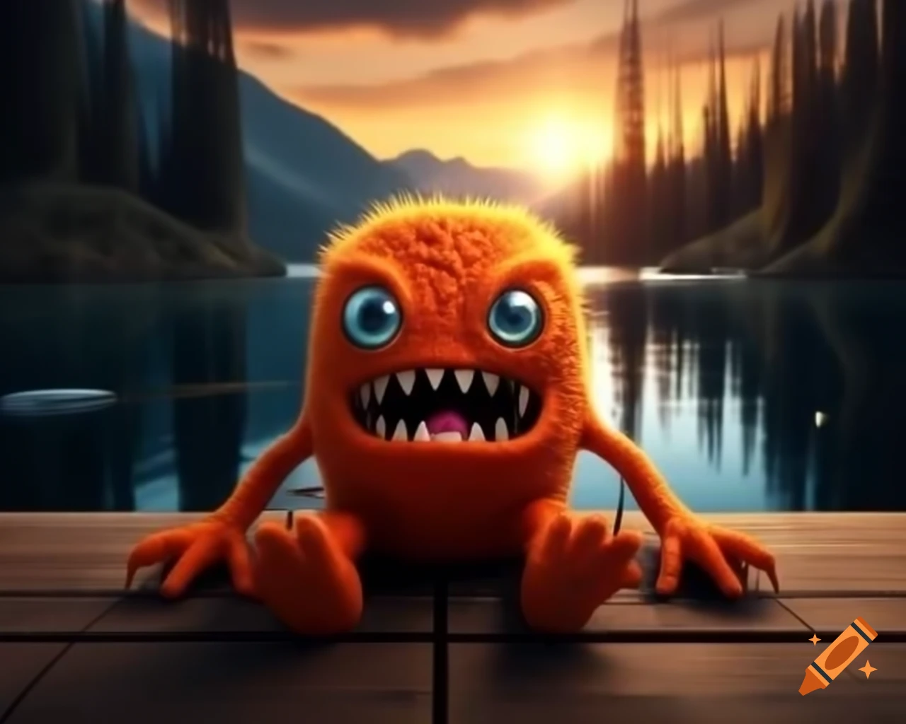 Photorealistic orange monster with human face sitting on wooden table in forest