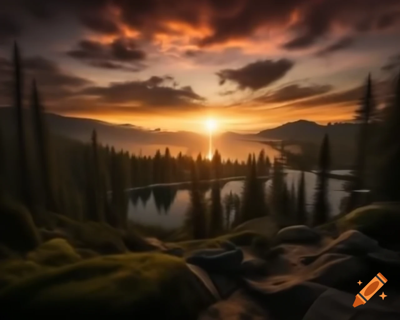 Photorealistic landscape of mountain lake with island and sun rays