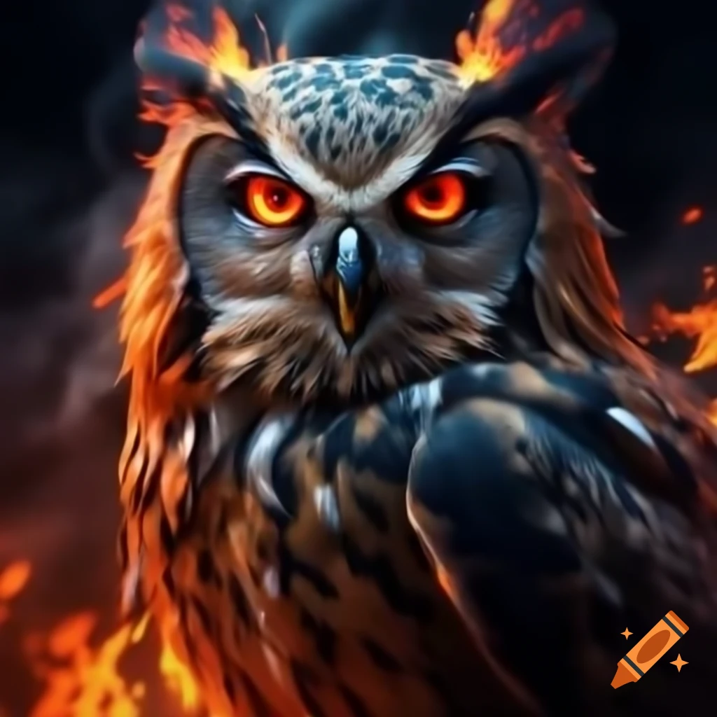 Fierce owl with red eyes surrounded by flames, casting intense glow