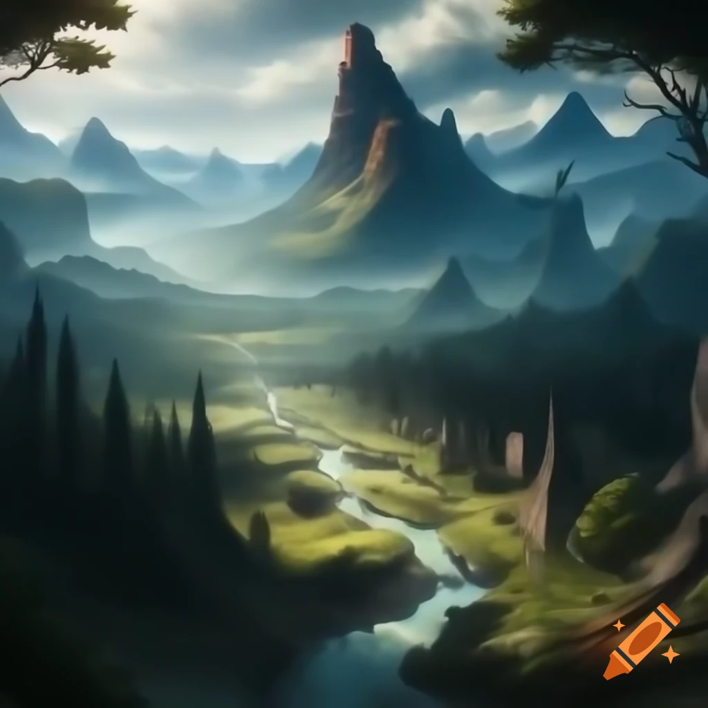 Adventure-themed background with mountains, forests, river, and ancient ruins