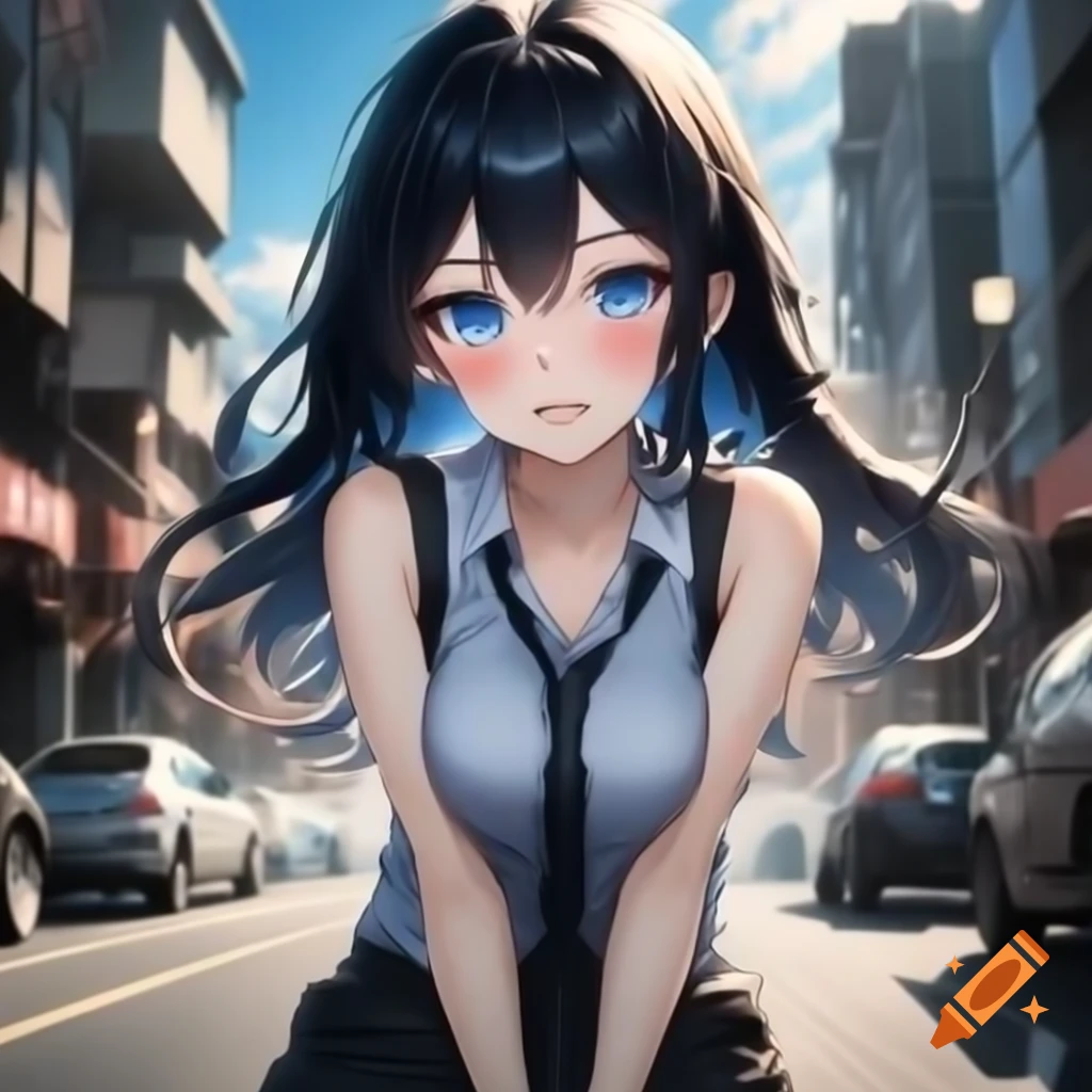 Anime girl with long black hair and blue eyes checking watch on the street