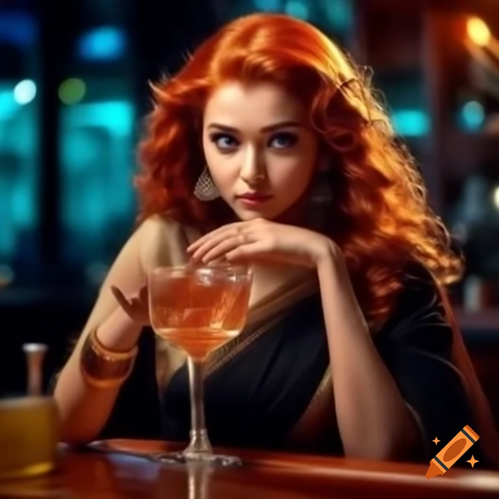 Red-haired girl in evening black saree at bar enjoying vodka tonic on ...