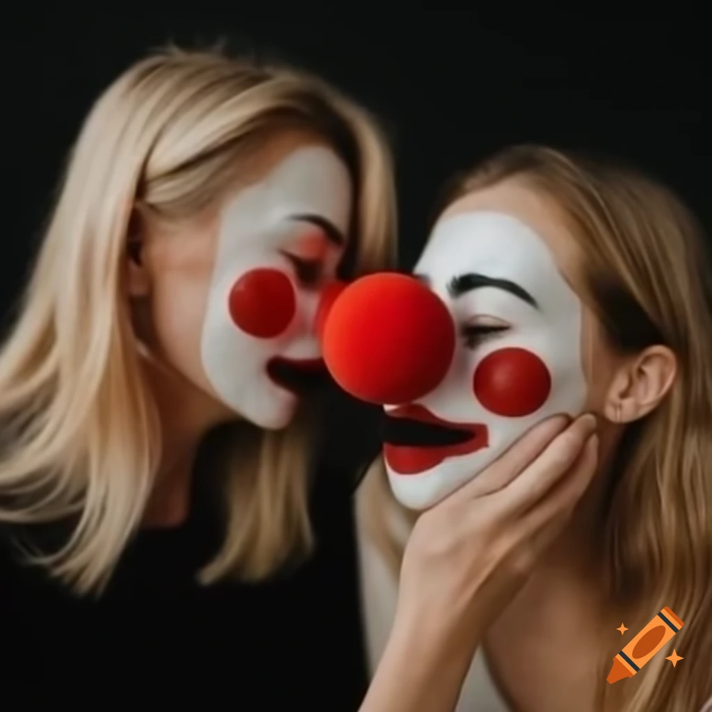 Blonde woman with freckles wearing clown nose throwing pie at another woman