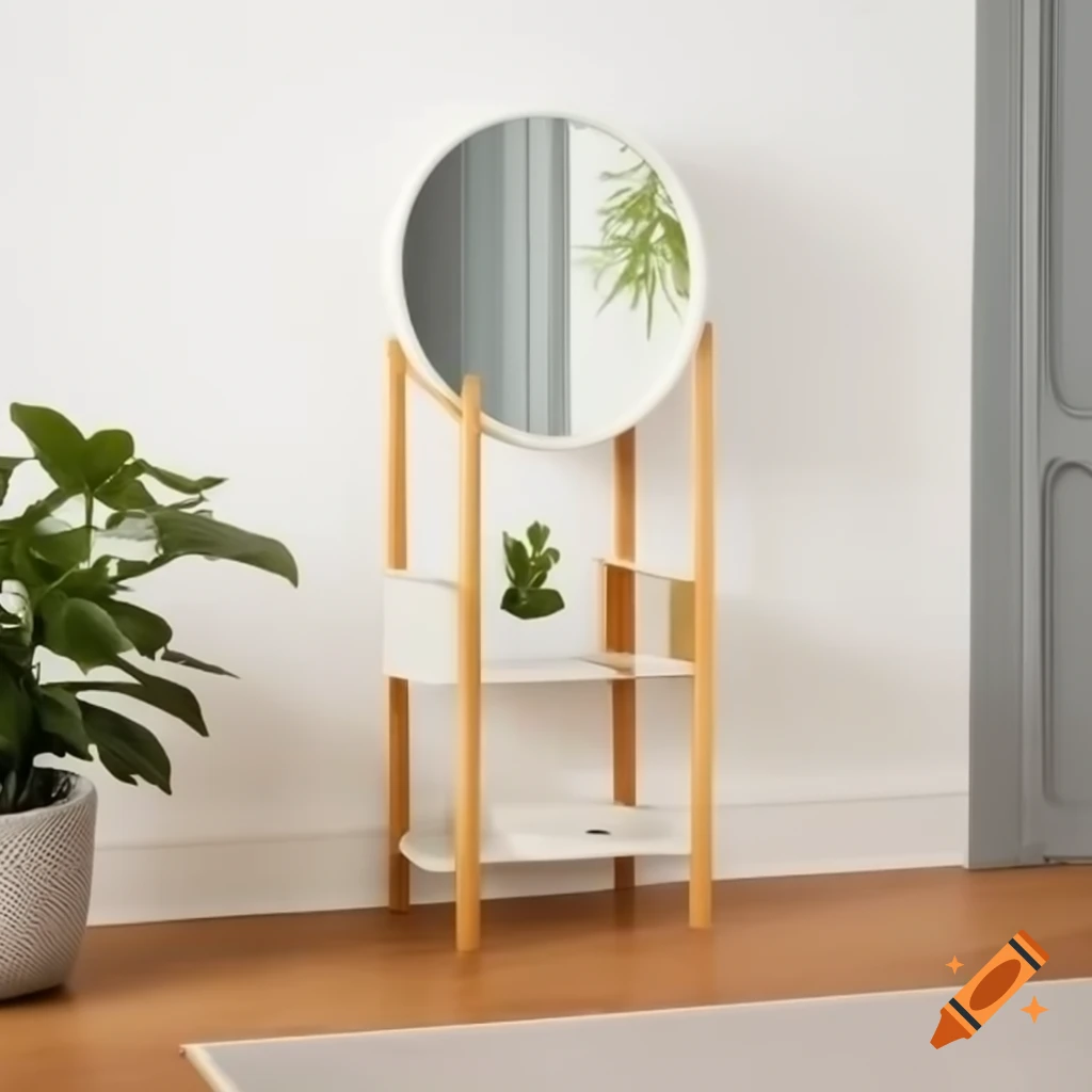 Calm indoor room with creamy-white wooden plant stand featuring vertical slats and horizontal shelf