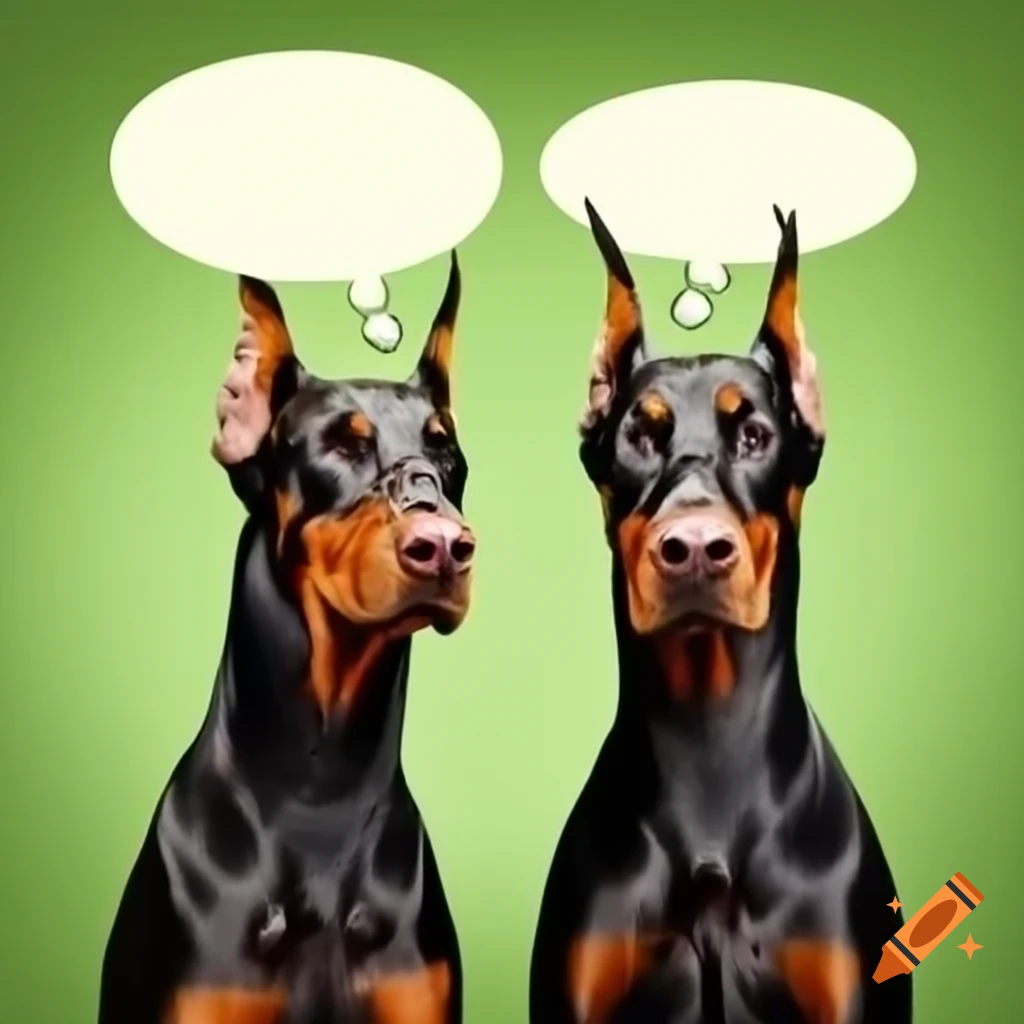 Two Doberman Pinschers communicating with empty chat bubbles