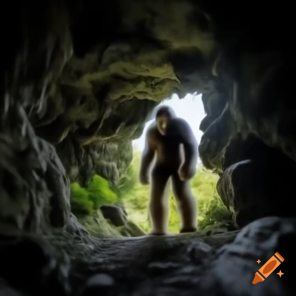 Friendly Bigfoot at cave entrance watching a group of friends