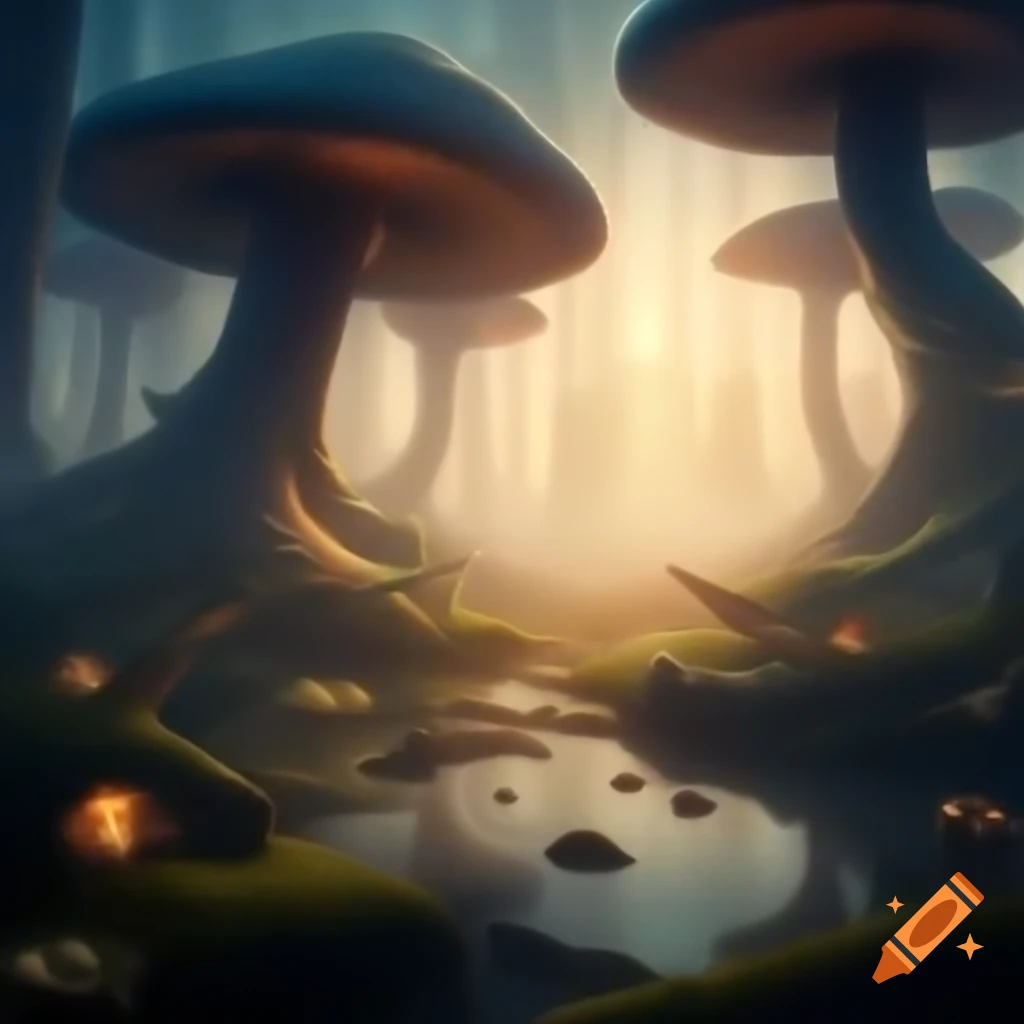 Mystical forest clearing with glowing mushrooms and luminescent plants at dawn