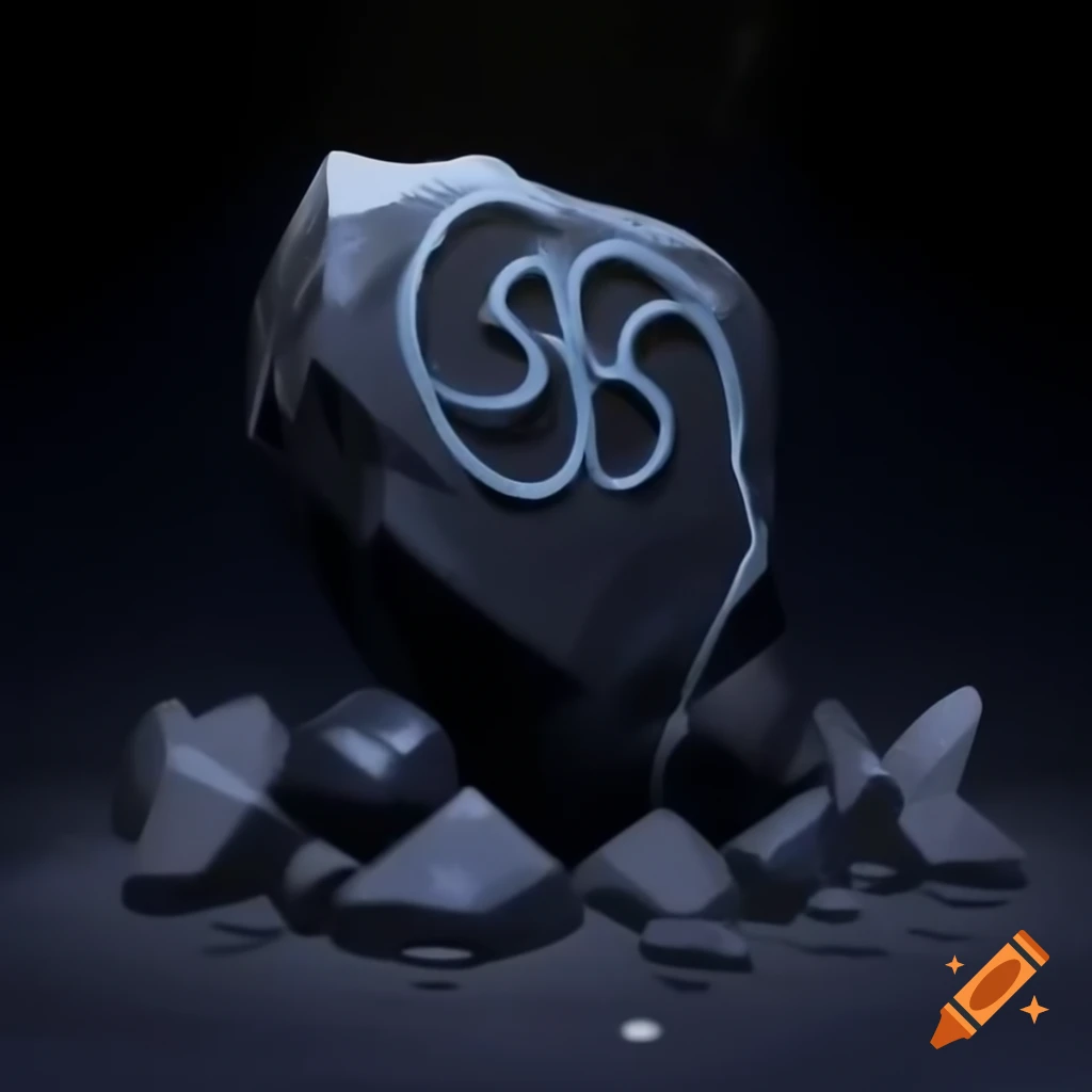 Jagged black stone featuring carved magic symbols