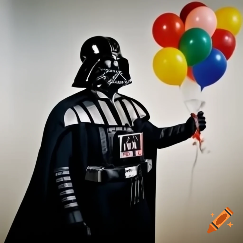 Darth Vader holding colorful balloons in Banksy style, right profile