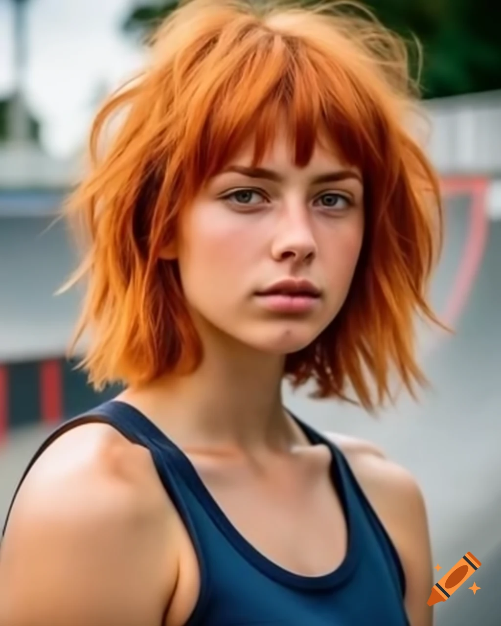 Hyper-realistic portrait of a female skater in tank top at skate park
