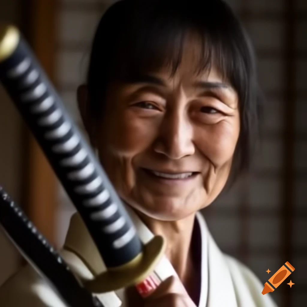 Japanese noble in white kimono smiling with katana