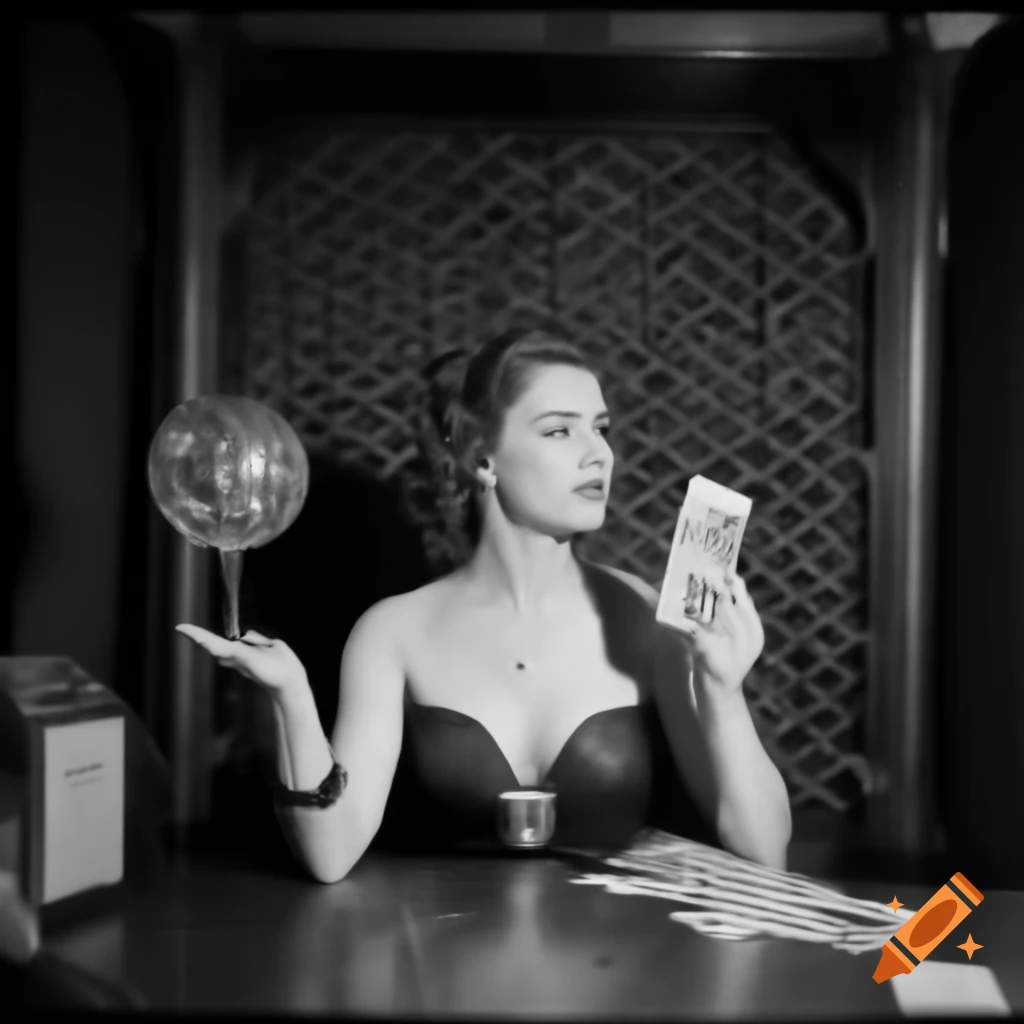 Clara Bow as fortune teller holding tarot card in Zoltar booth with crystal ball