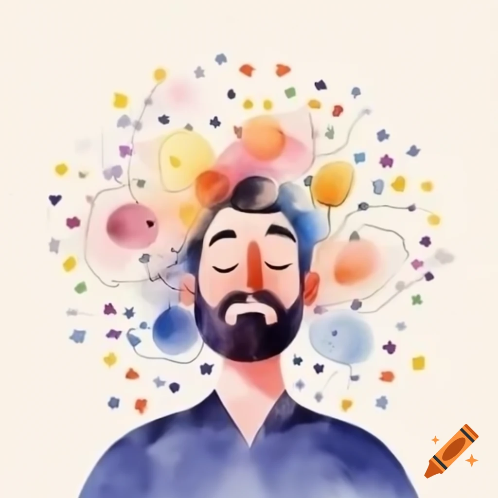Joyful man exemplifying mindfulness and emotional intelligence in watercolor style