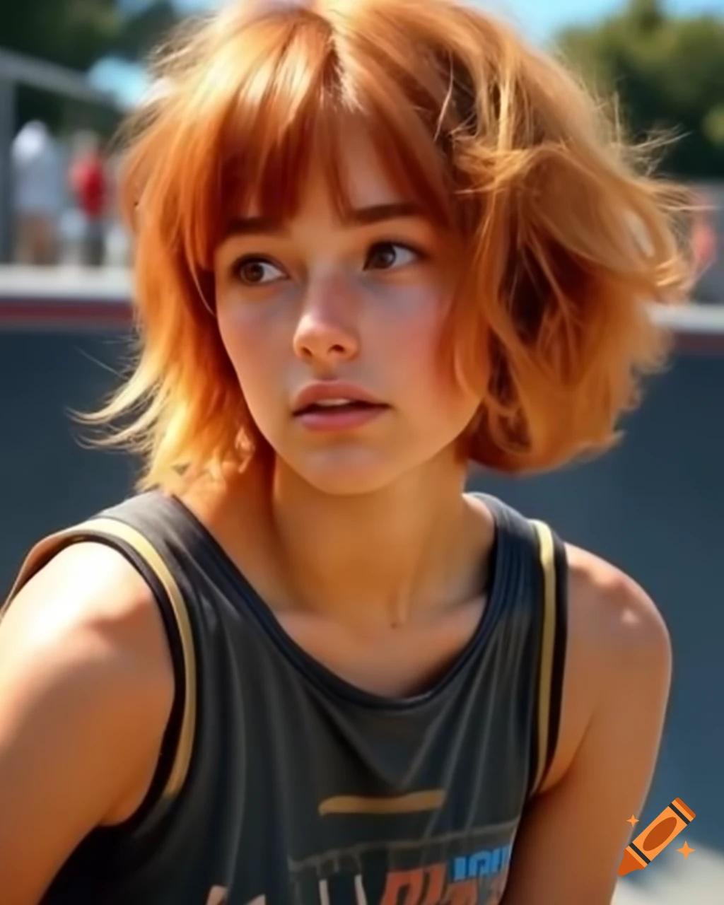 Hyper-realistic portrait of a French female skater with ginger hair in tank top at skate park