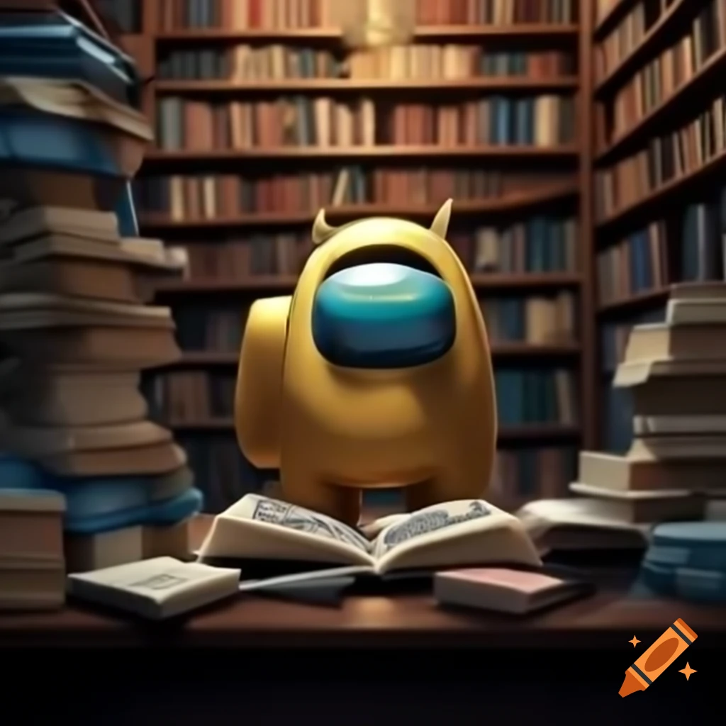 Among Us character surrounded by books