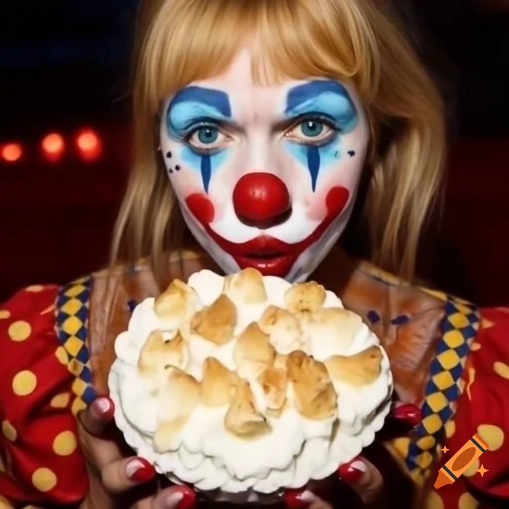 Woman with clown nose getting whipped cream pie in her face at circus