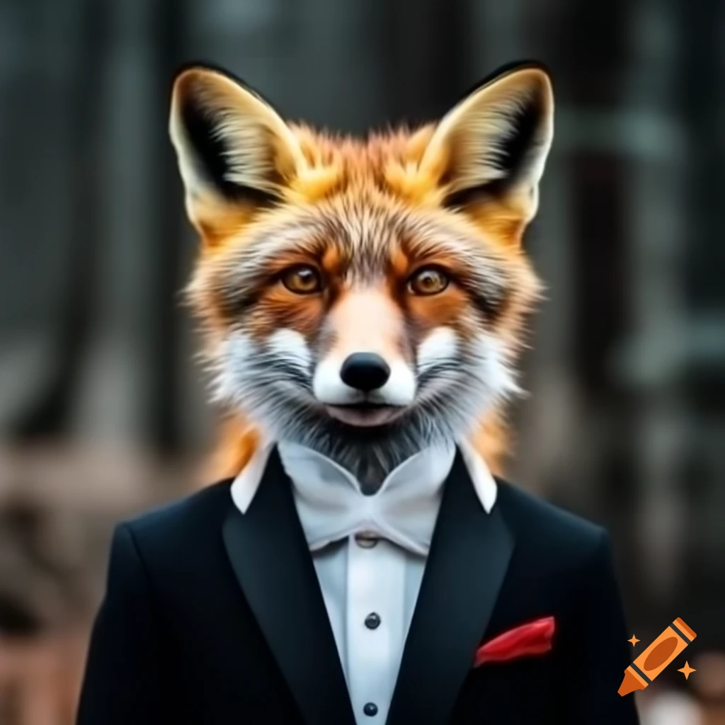 Fox dressed in tuxedo, stylish and whimsical