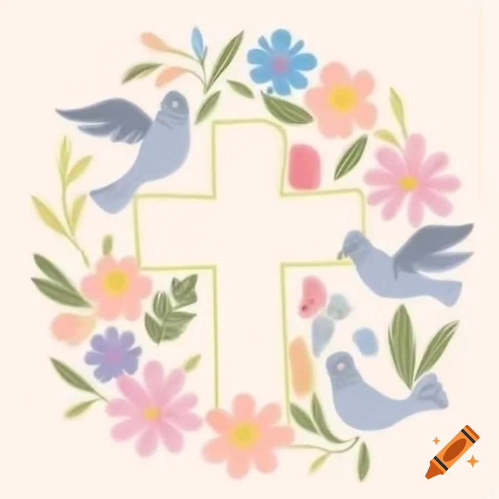 Doves, flowers, and a Christian cross in pencil and pastel colors