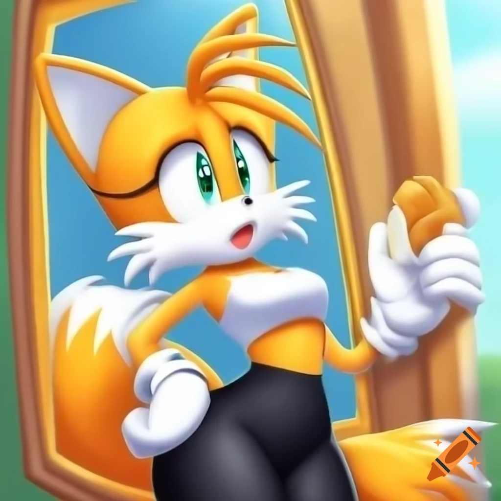 Female Tails character looking in mirror in stylish outfit inspired by Sonic the Hedgehog
