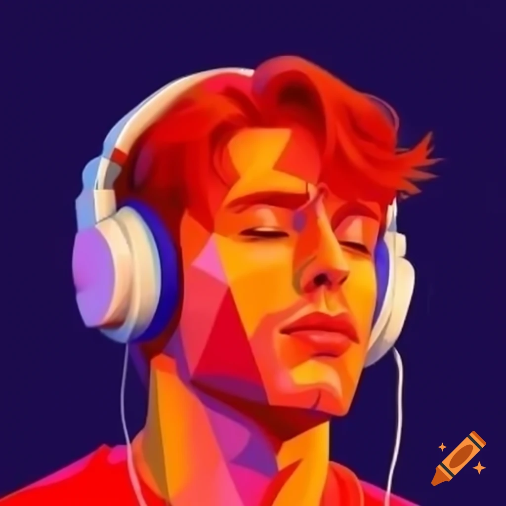 Colorful geometric painting of a red haired man with headphones on craiyon
