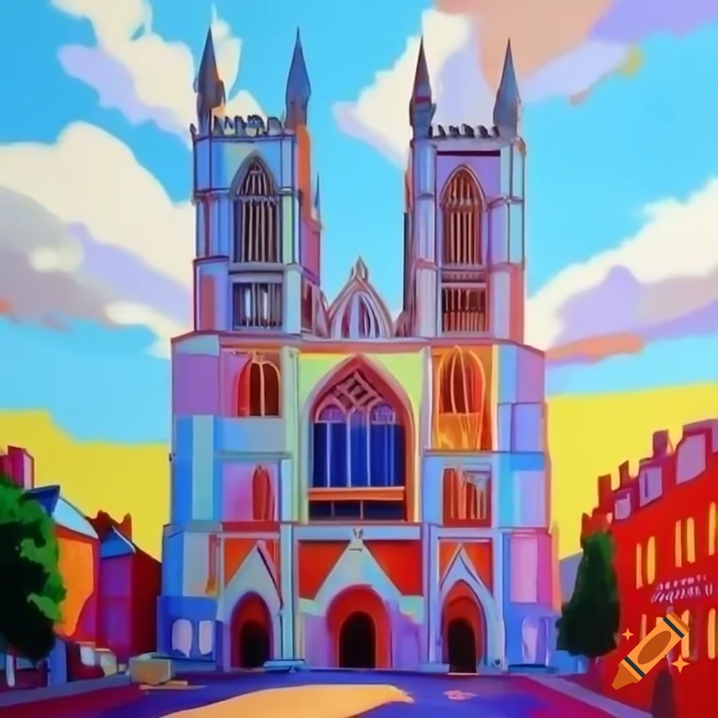 Colorful blocky oil painting of Winchester Cathedral