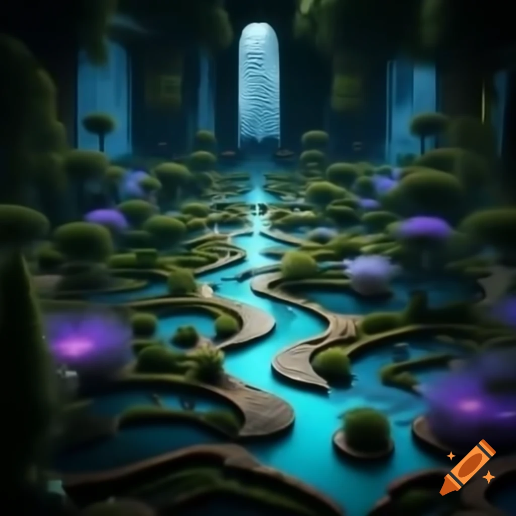 Vibrant gardens with bioluminescent flora and glowing pathways