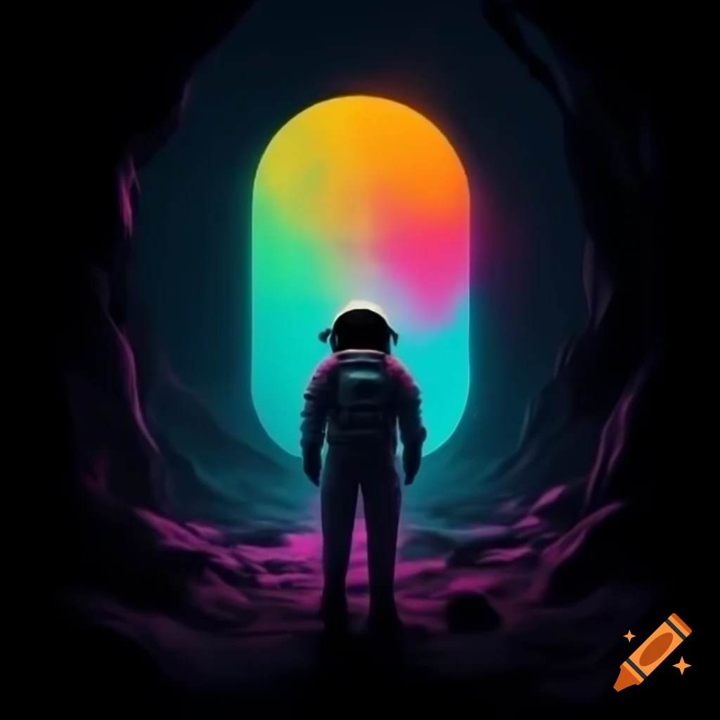 Astronaut in dark setting gazing into colorful portal to the void