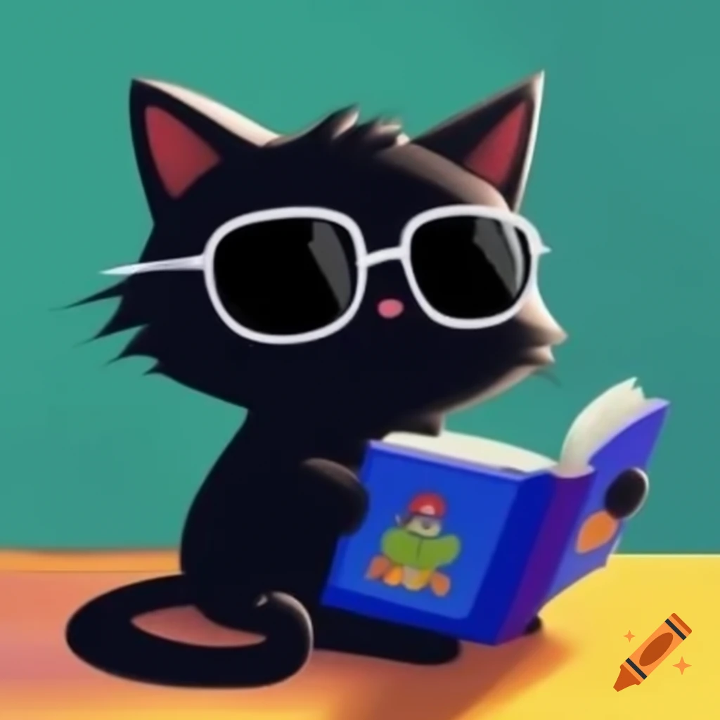 Cartoon of little black cat wearing sunglasses and reading a book