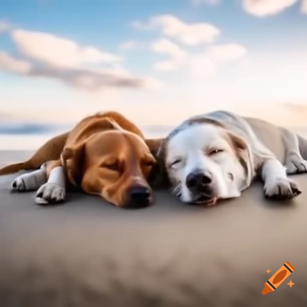 Two dogs sleeping near beach edge