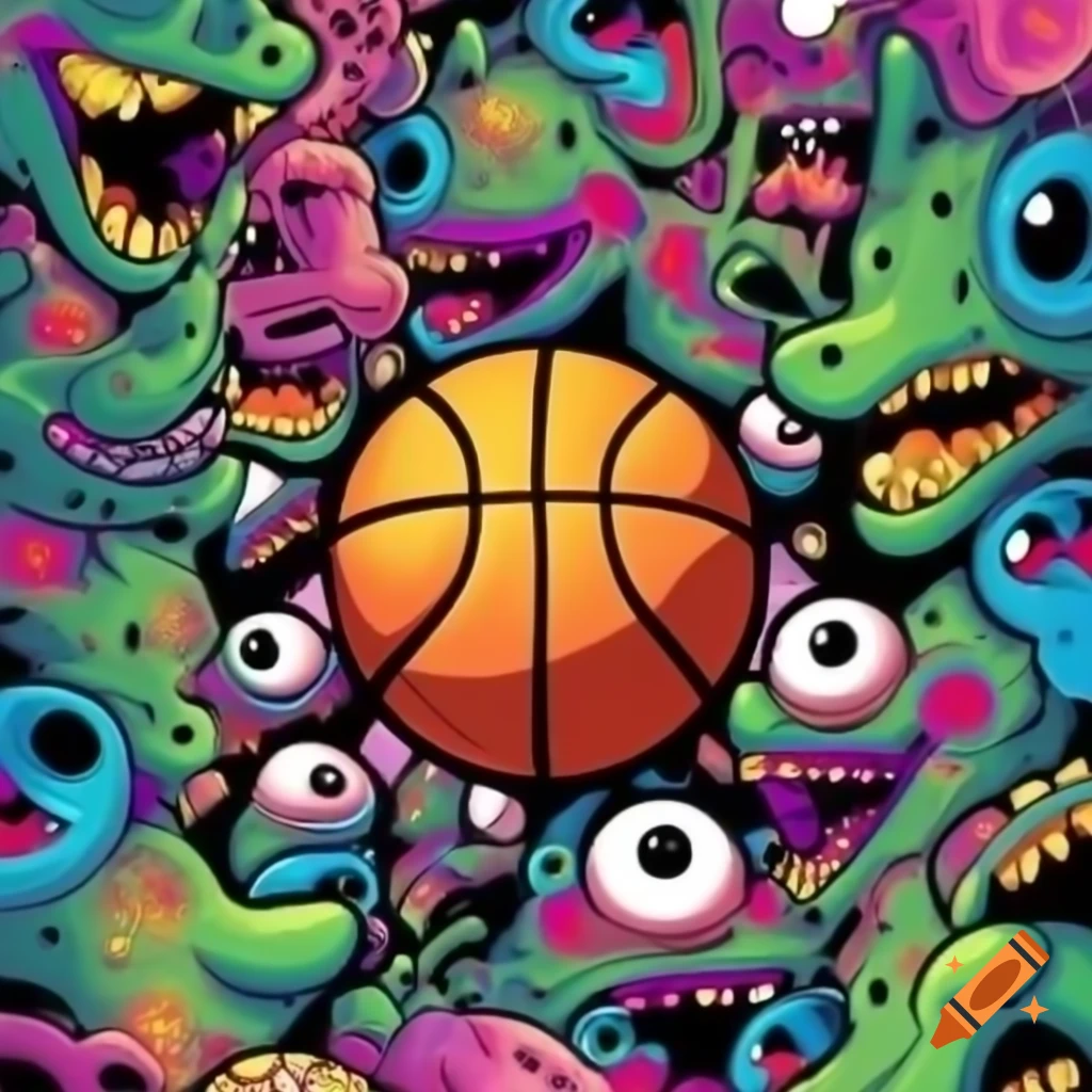 Psychedelic cartoon-style basketball logo with colorful swirling eyes