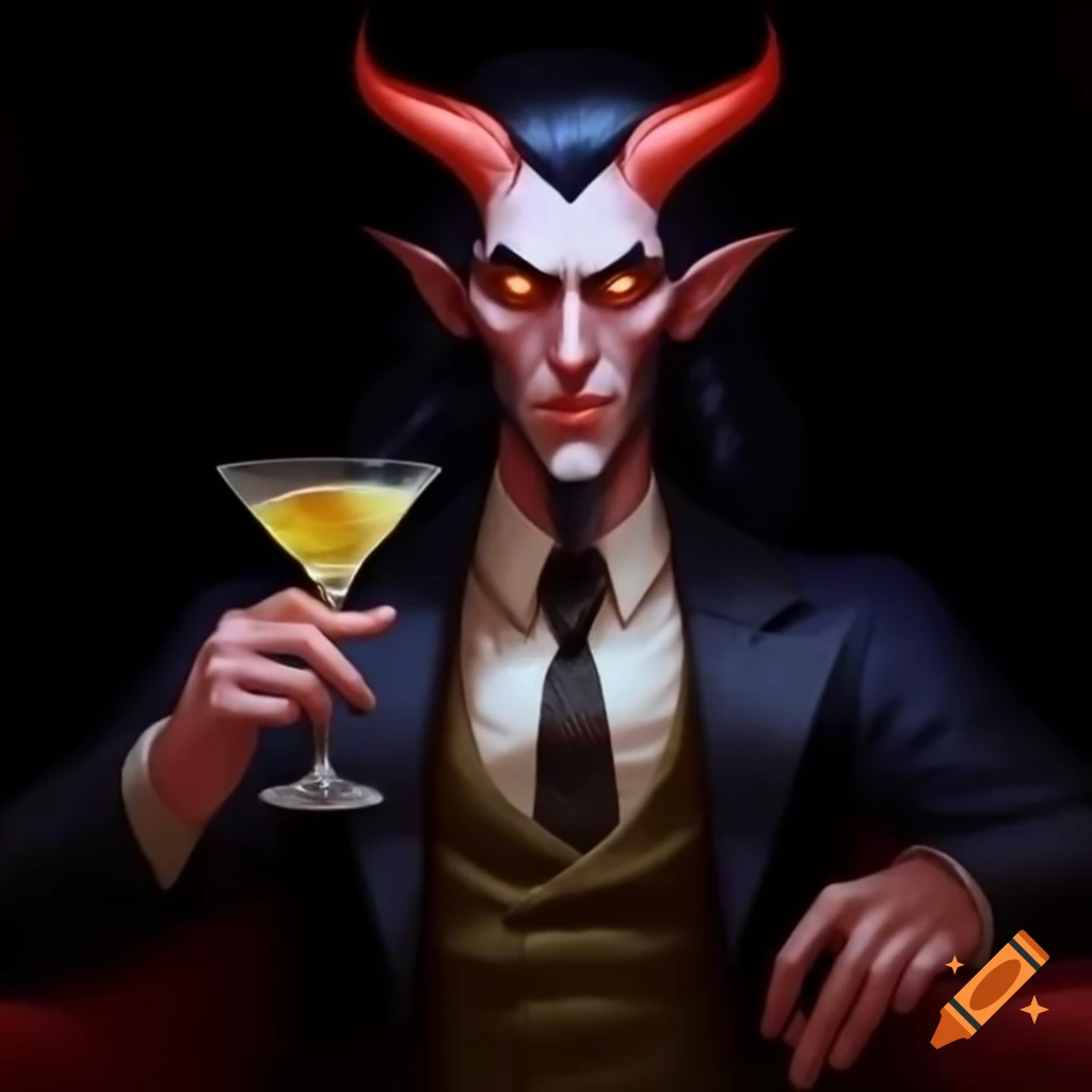 Dark haired man in sharp suit holding martini