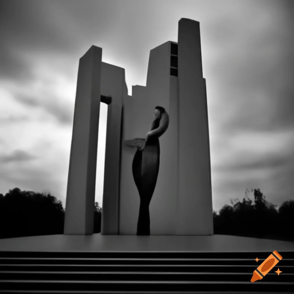 Memorial monument featuring grieving woman sculpture on abstract platform