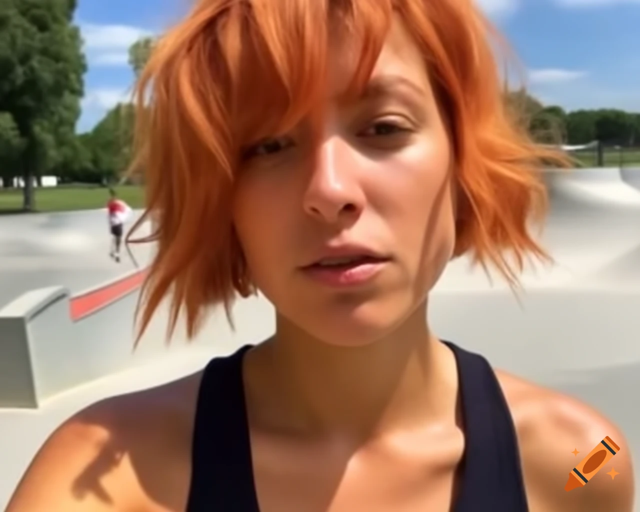 Hyper-realistic selfie of French female delinquent with ginger hair in skate park