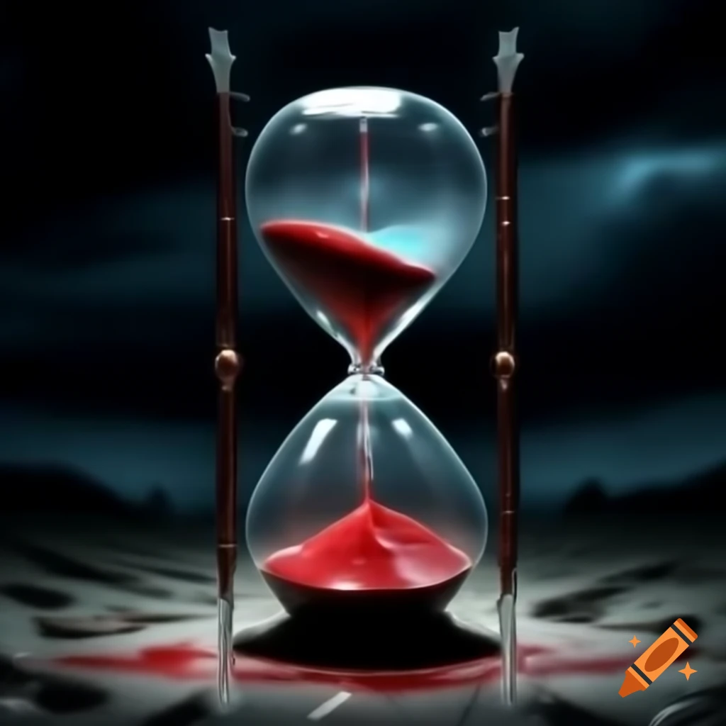 Hourglass filled with red liquid in dark landscape, depicting sorrow