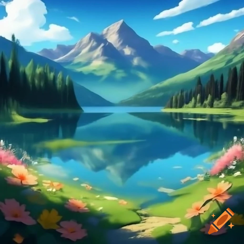 Lake surrounded by flowers and mountains