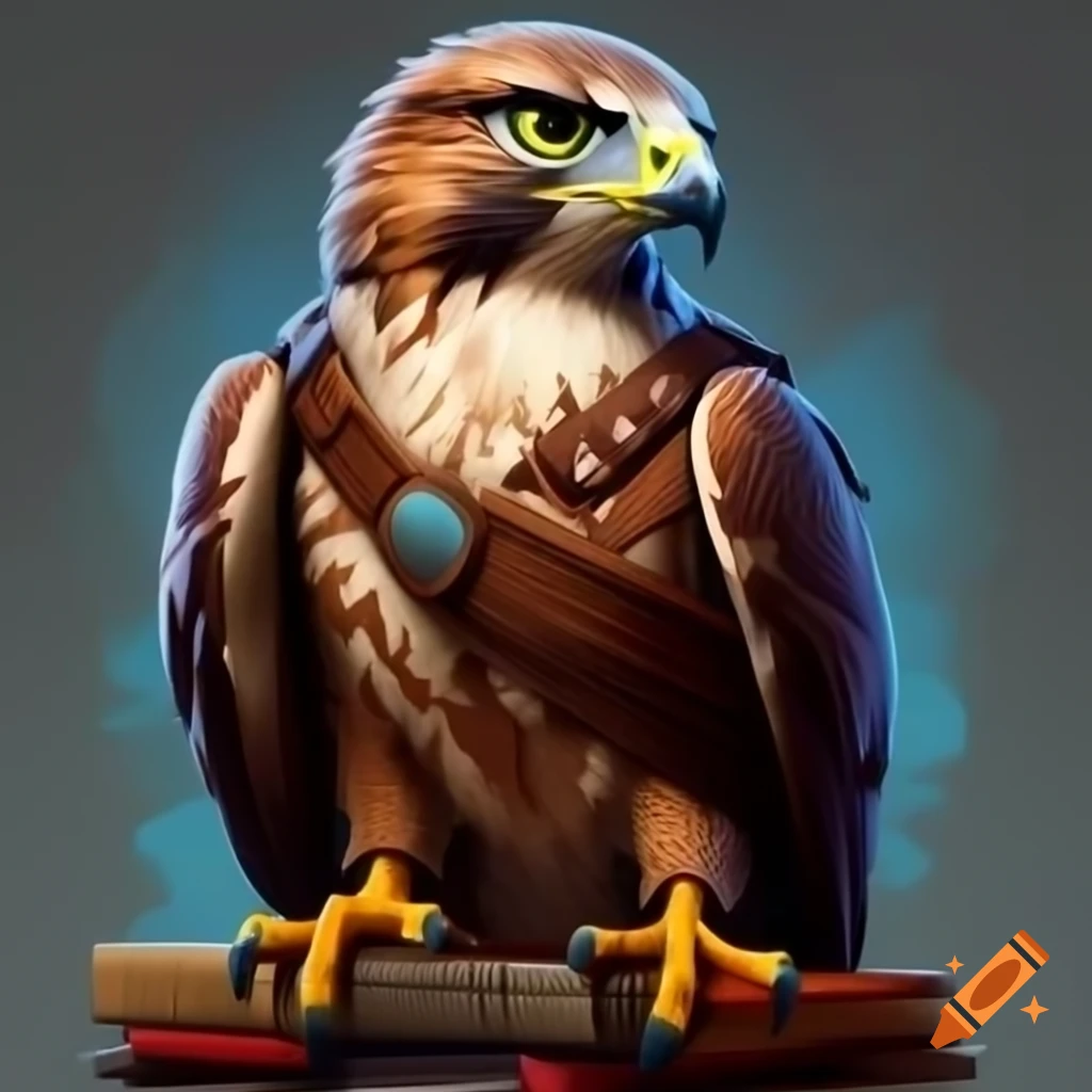 Hawk with talons extended and bandolier of books