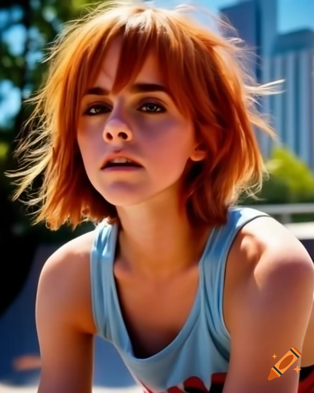 Hyper realistic portrait of female skater in tank top at skate park
