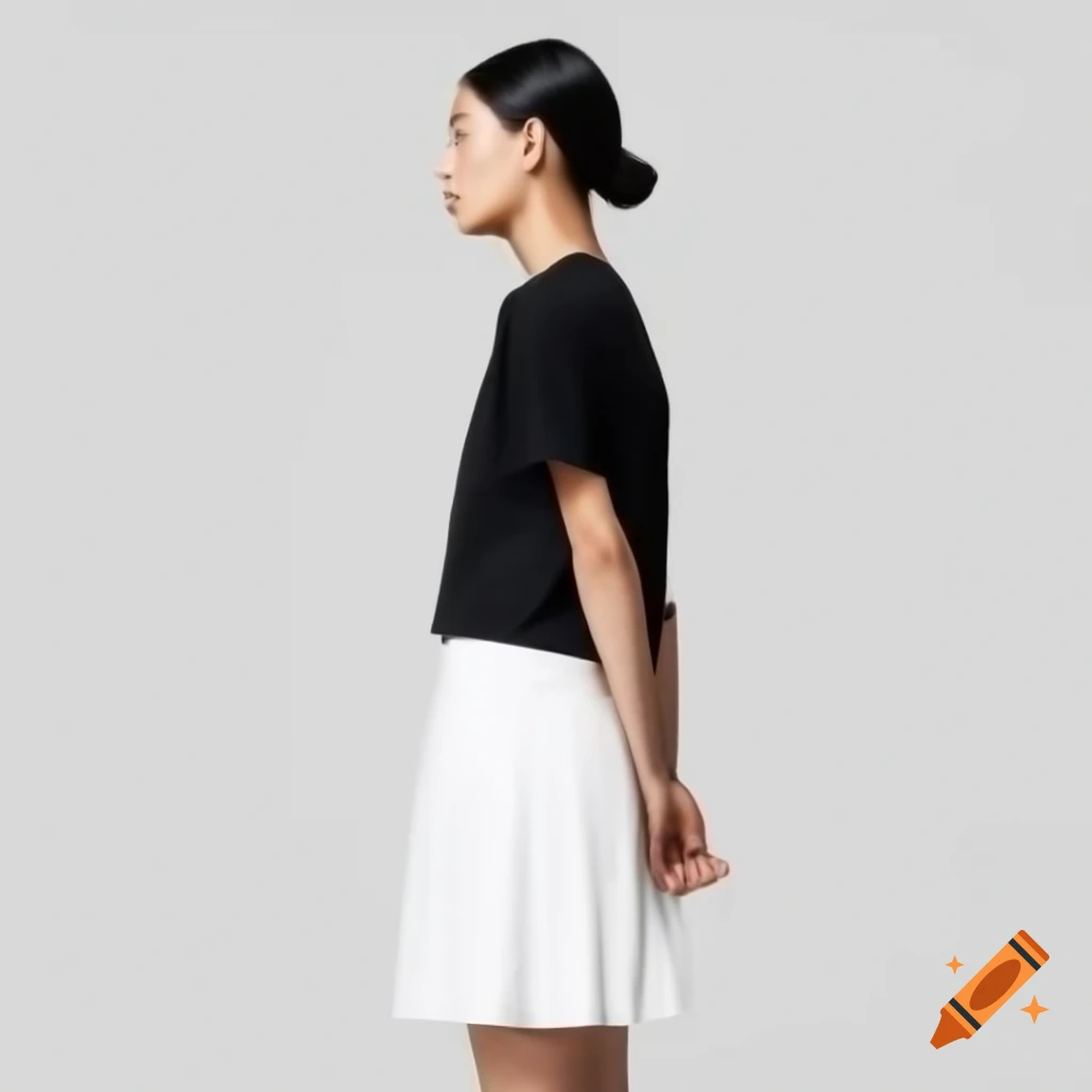 Woman in black t-shirt and white skirt with ponytail