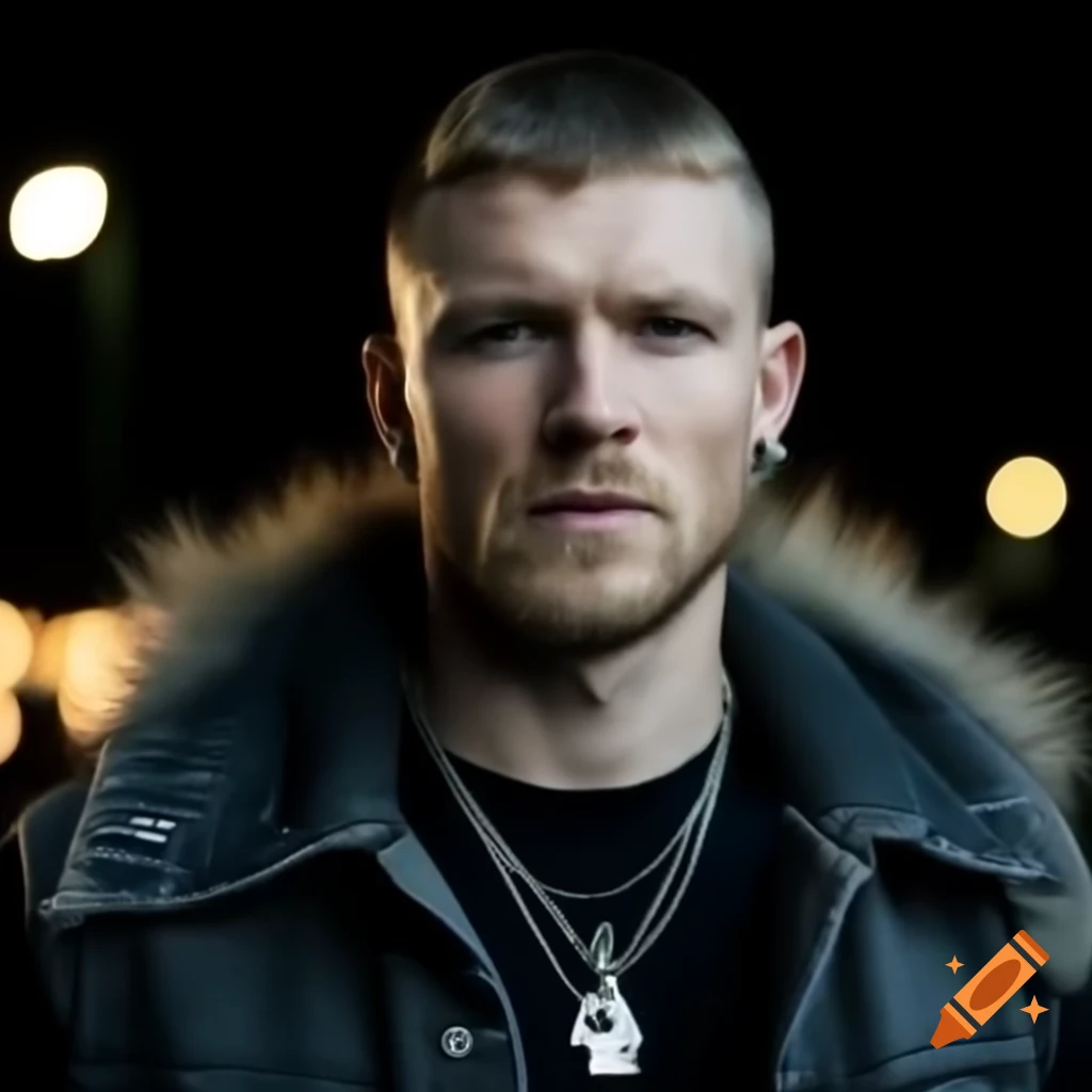 Icelandic man in black t shirt and denim vest with accessories at night