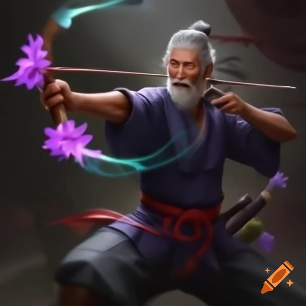 Elderly samurai shooting magic longbow with purple flowers around waist