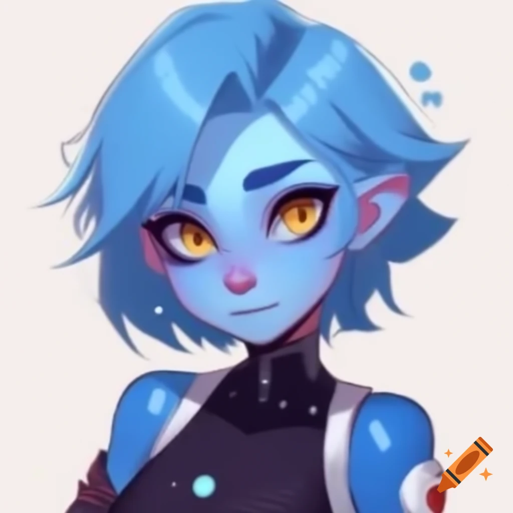 Cute blue Twi'lek woman with freckles and bushy eyebrows in 90s anime style
