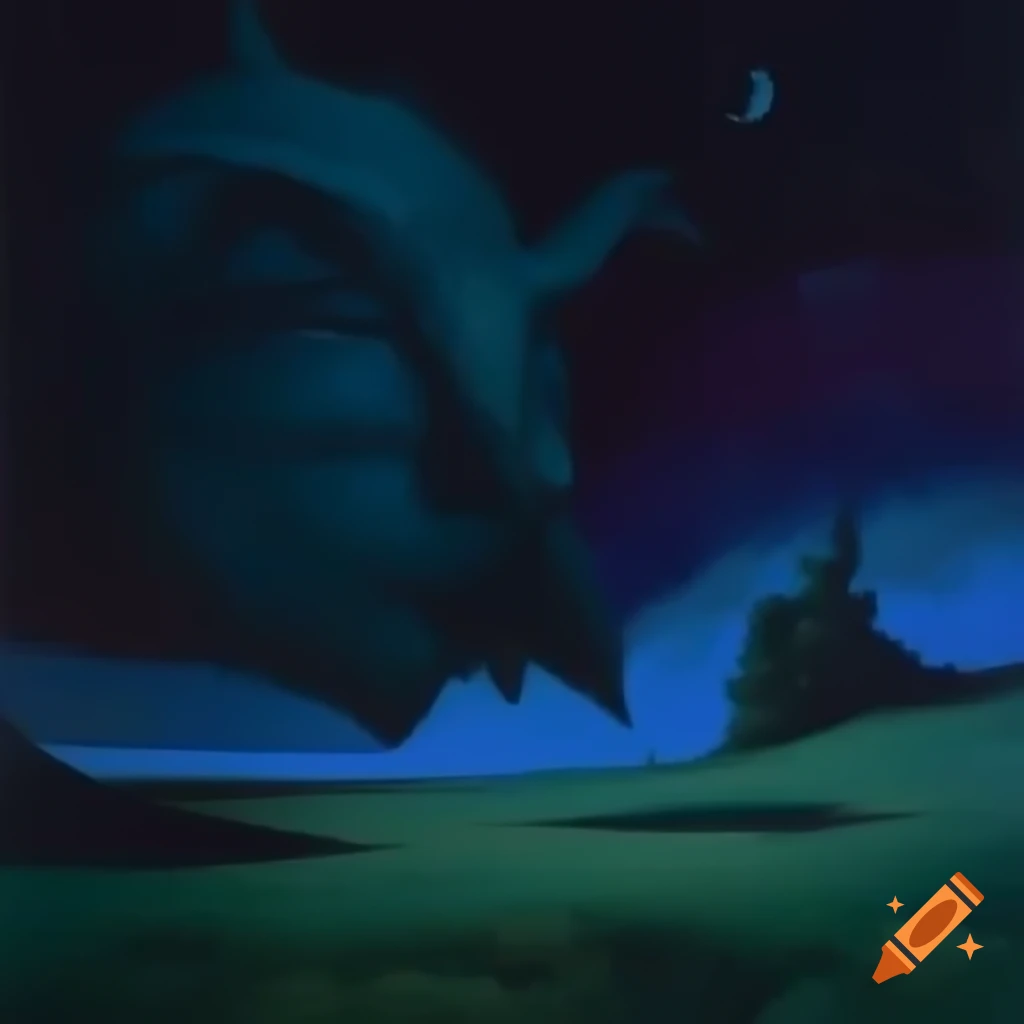 Surrealistic night landscape featuring bizarre creature in 2D