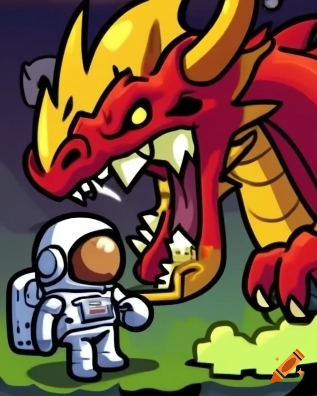 Astronaut battling creepy dragon in Scribblenauts Unlimited style