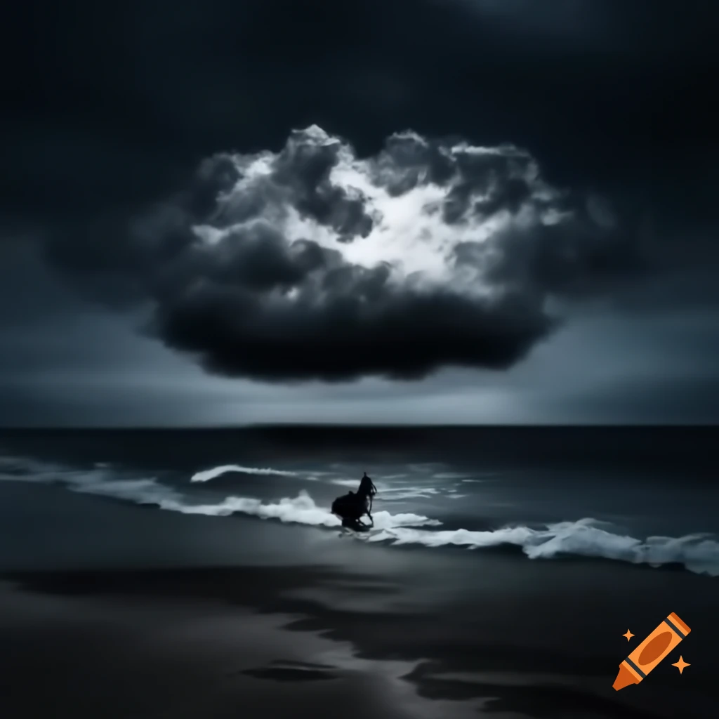 Mysterious cat silhouette on shore with dark clouds over the sea