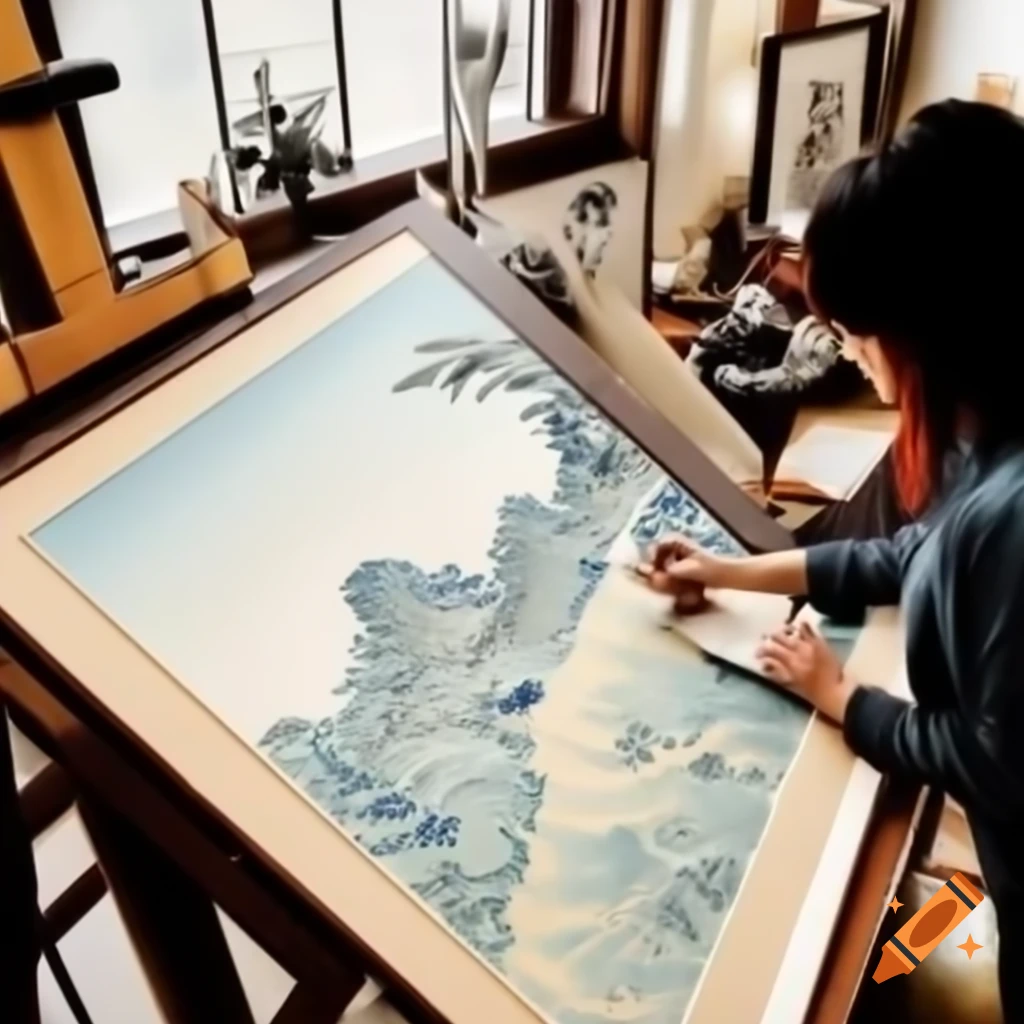 Ukiyo-e woodblock print of artist-magician painting in sunlit studio