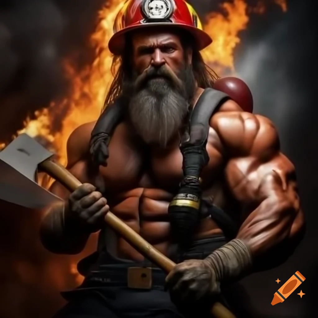 Gigantic bearded muscular firefighter holding fire axe