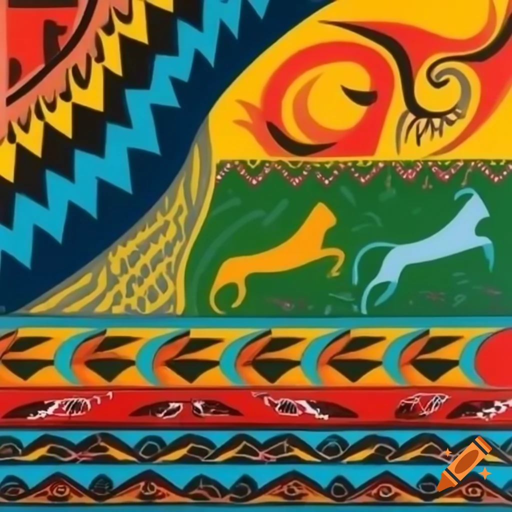 Color serigraph of native Salish motifs featuring fantasy creatures and animal-human hybrids