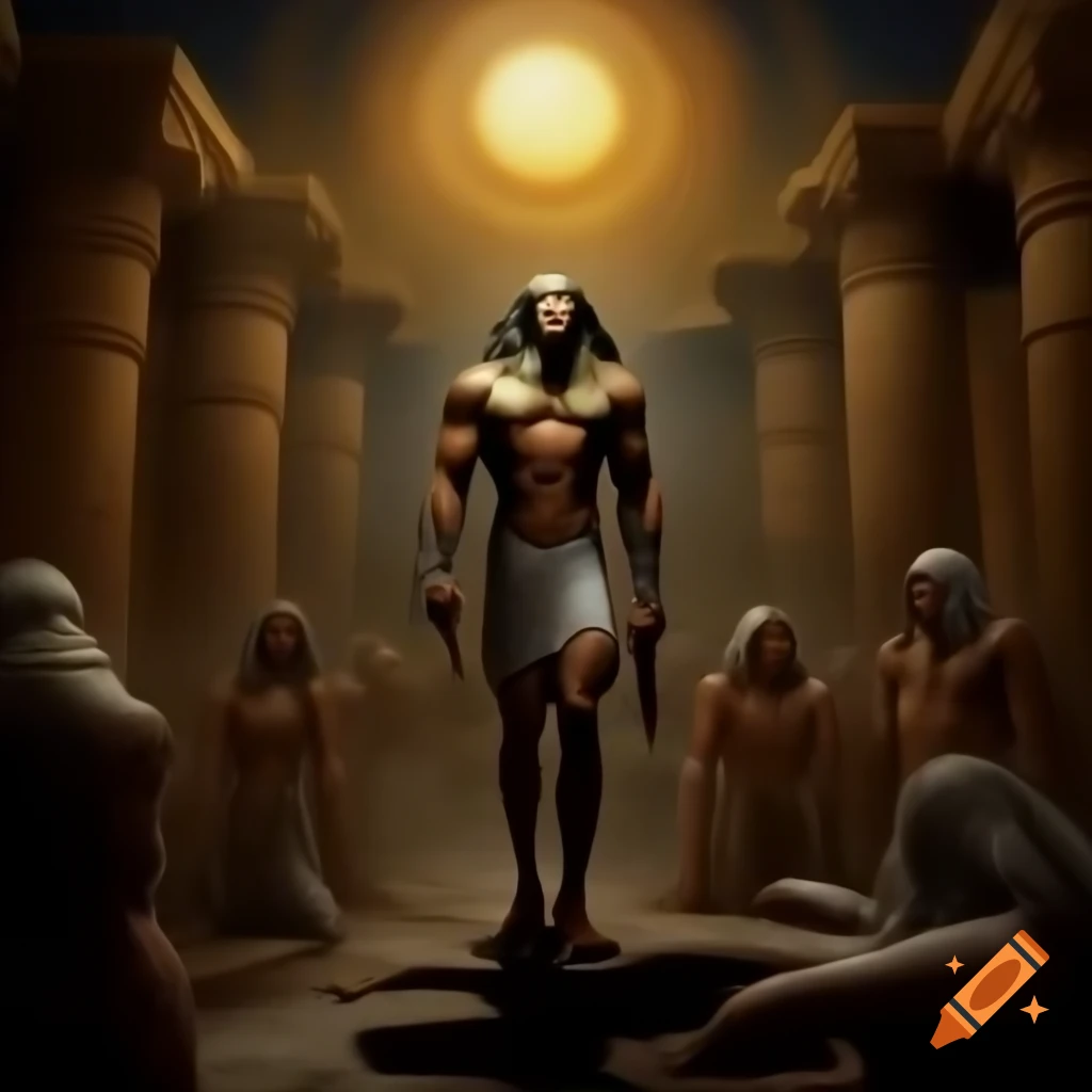 Ancient Egyptian night scene with god Ra in the underworld accompanied by followers